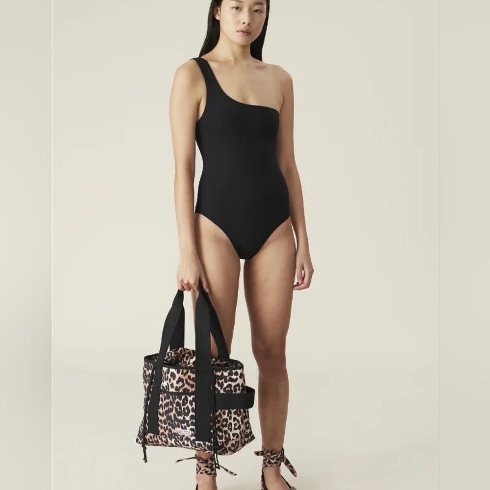 GANNI Recycled Solid One Shoulder Swimsuit Size 38/M